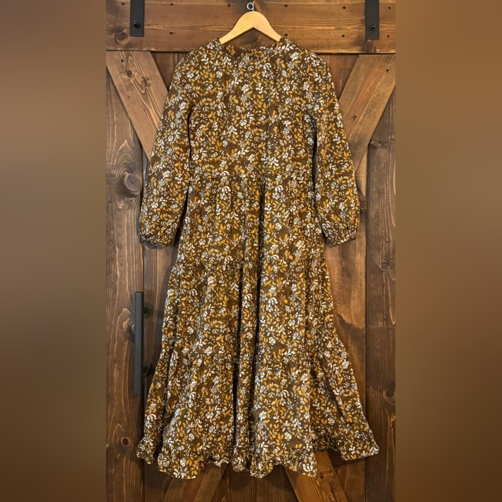 Porridge Chic Floral Long Sleeve Midi Dress in Brown 100% Cotton